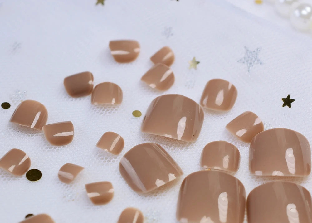 Light Brown False Toenails – 24pcs Acrylic Tips with Stickers
