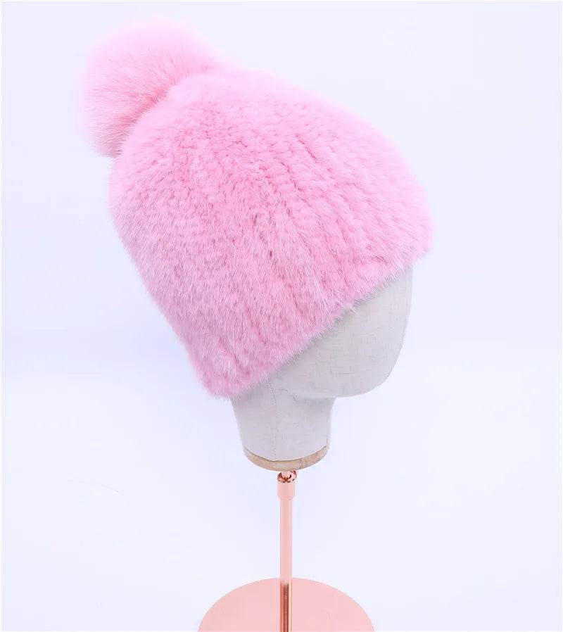 Winter Luxe: 100% Real Mink Fur Beanie with Fox Fur Pom-Pom - Stylemein