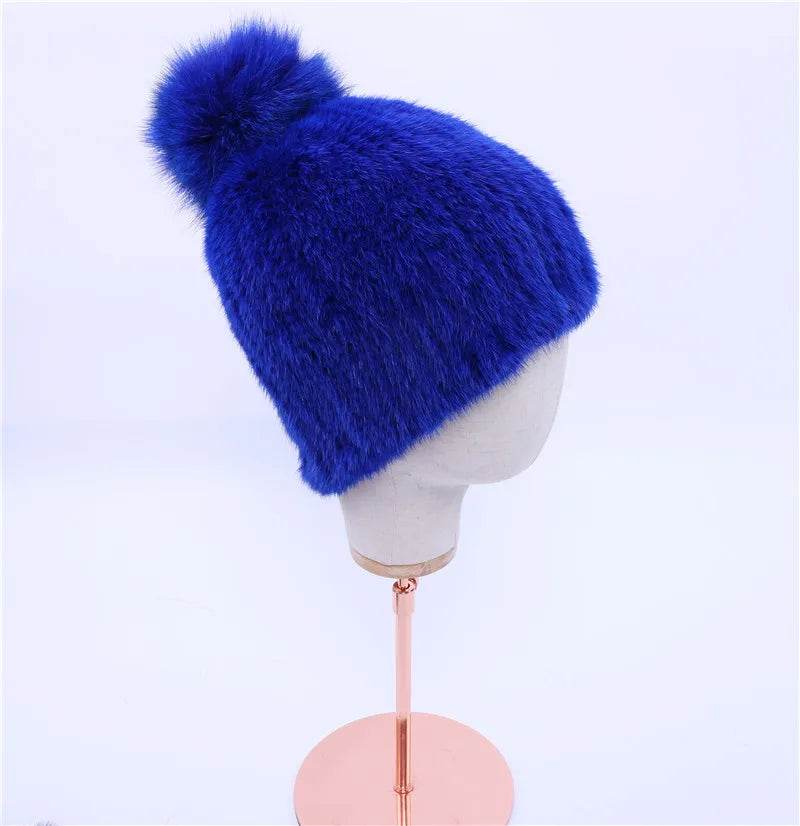 Winter Luxe: 100% Real Mink Fur Beanie with Fox Fur Pom-Pom - Stylemein