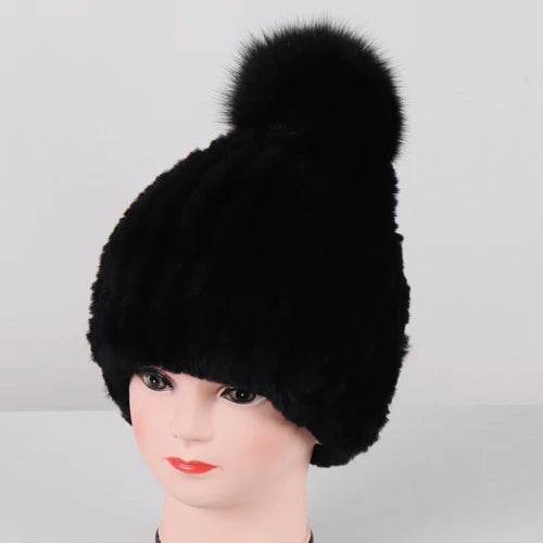 Luxurious Winter Knit Hat with Real Rex Rabbit Fur Pom-Pom