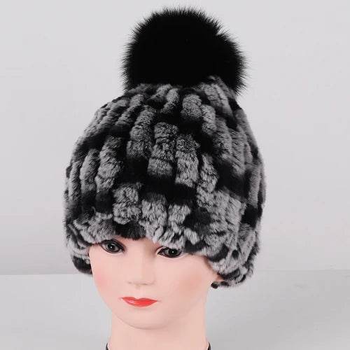 Luxurious Winter Knit Hat with Real Rex Rabbit Fur Pom-Pom