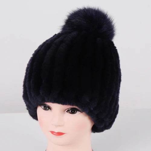 Luxurious Winter Knit Hat with Real Rex Rabbit Fur Pom-Pom