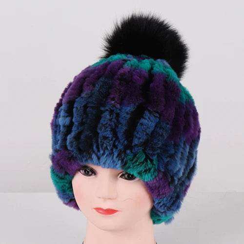 Luxurious Winter Knit Hat with Real Rex Rabbit Fur Pom-Pom