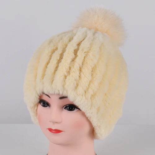 Luxurious Winter Knit Hat with Real Rex Rabbit Fur Pom-Pom
