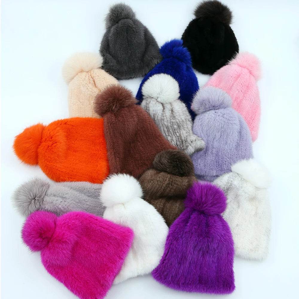 Winter Luxe: 100% Real Mink Fur Beanie with Fox Fur Pom-Pom - Stylemein