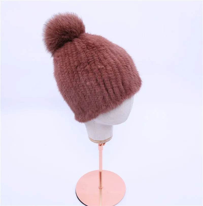 Winter Luxe: 100% Real Mink Fur Beanie with Fox Fur Pom-Pom - Stylemein