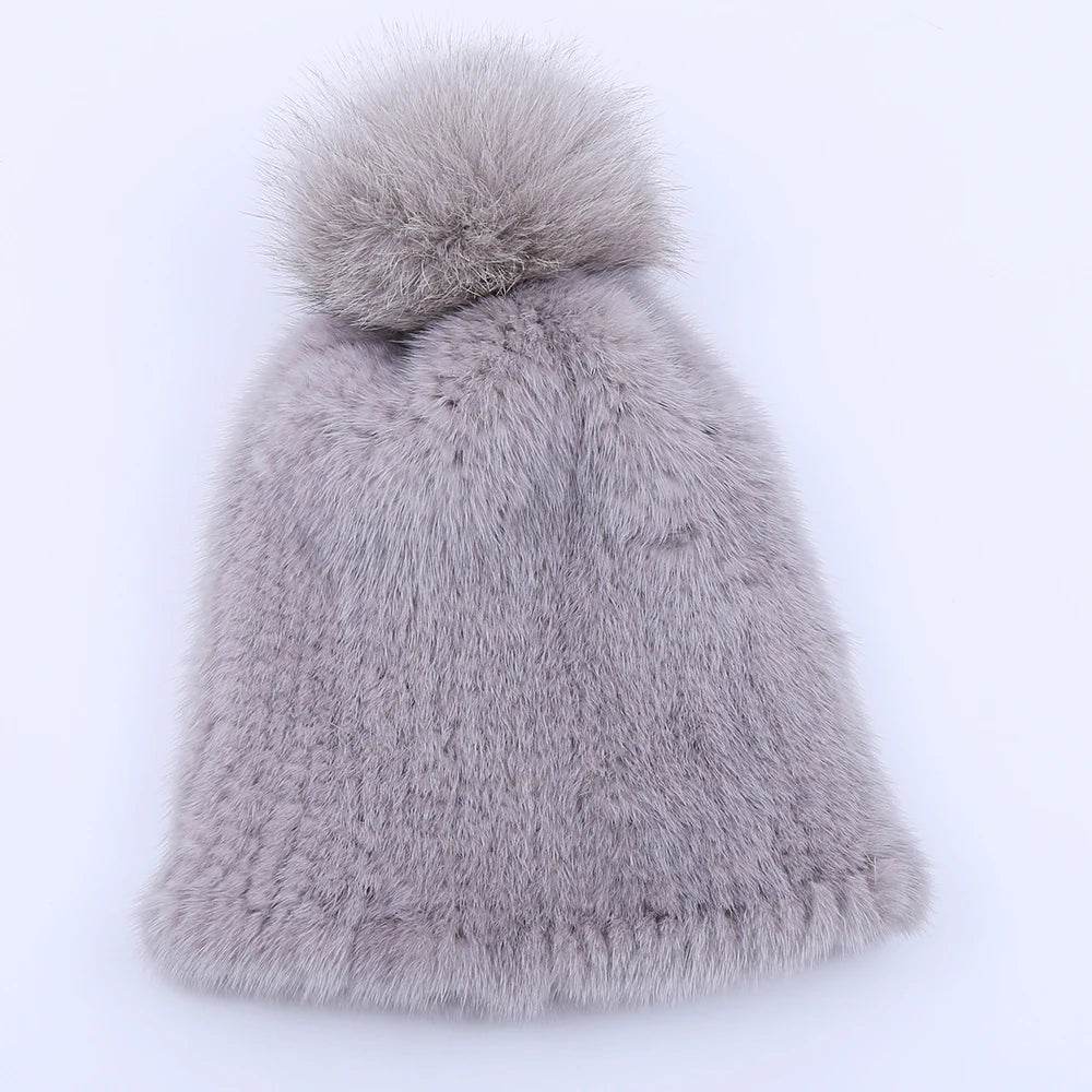 Winter Luxe: 100% Real Mink Fur Beanie with Fox Fur Pom-Pom - Stylemein