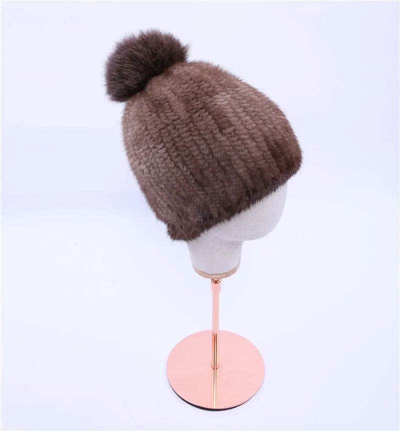 Winter Luxe: 100% Real Mink Fur Beanie with Fox Fur Pom-Pom - Stylemein
