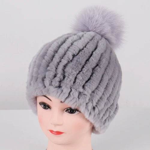 Luxurious Winter Knit Hat with Real Rex Rabbit Fur Pom-Pom