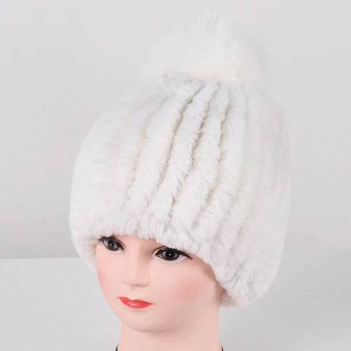 Luxurious Winter Knit Hat with Real Rex Rabbit Fur Pom-Pom