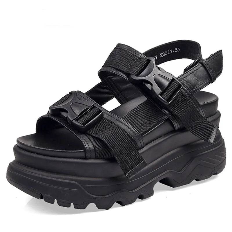 8cm Platform Wedge Sandals – Buckle Strap, Leather & Canvas Mix, Summer High Heel Shoes - Stylemein
