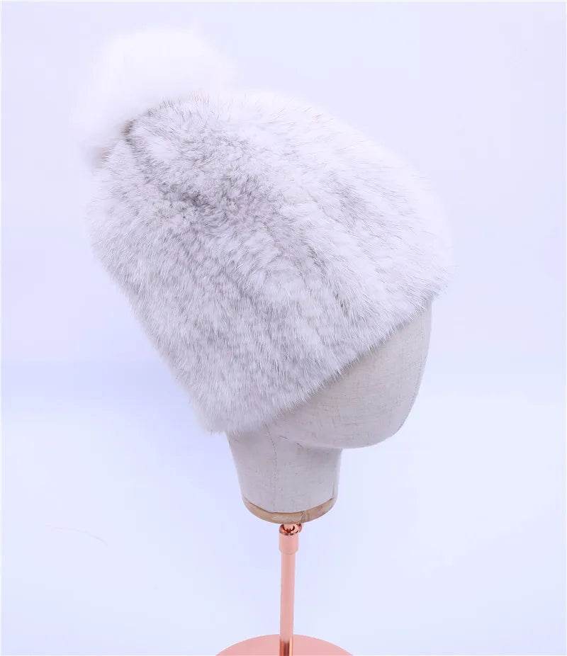 Winter Luxe: 100% Real Mink Fur Beanie with Fox Fur Pom-Pom - Stylemein