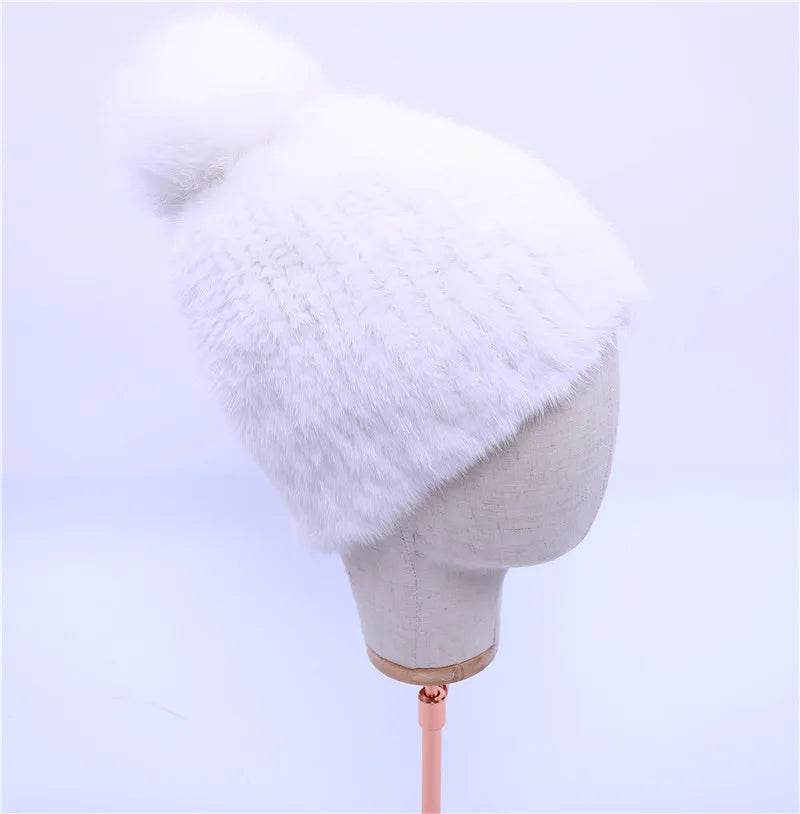 Winter Luxe: 100% Real Mink Fur Beanie with Fox Fur Pom-Pom - Stylemein