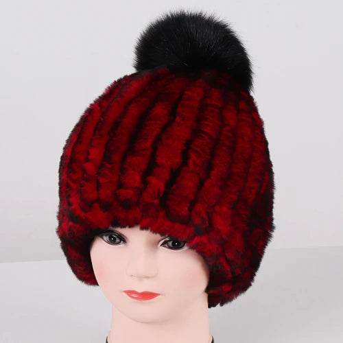Luxurious Winter Knit Hat with Real Rex Rabbit Fur Pom-Pom