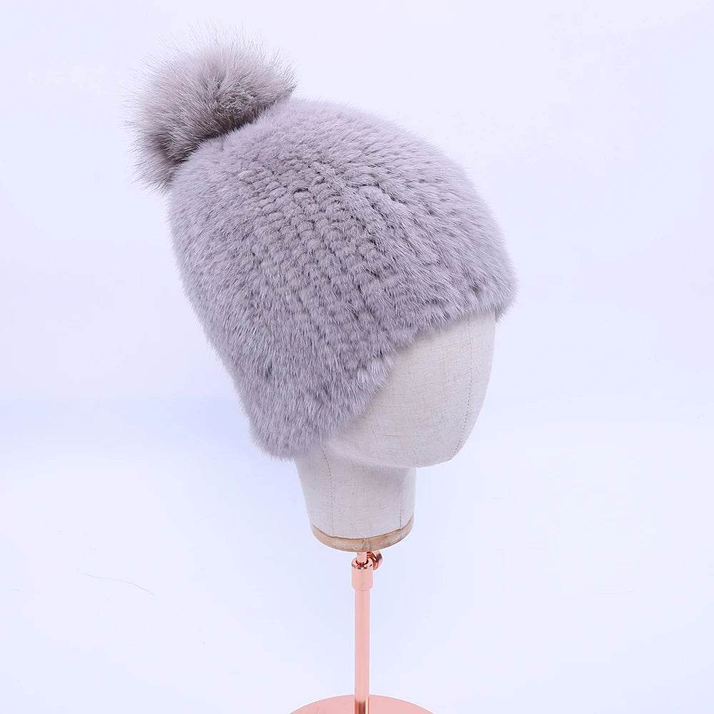 Winter Luxe: 100% Real Mink Fur Beanie with Fox Fur Pom-Pom - Stylemein