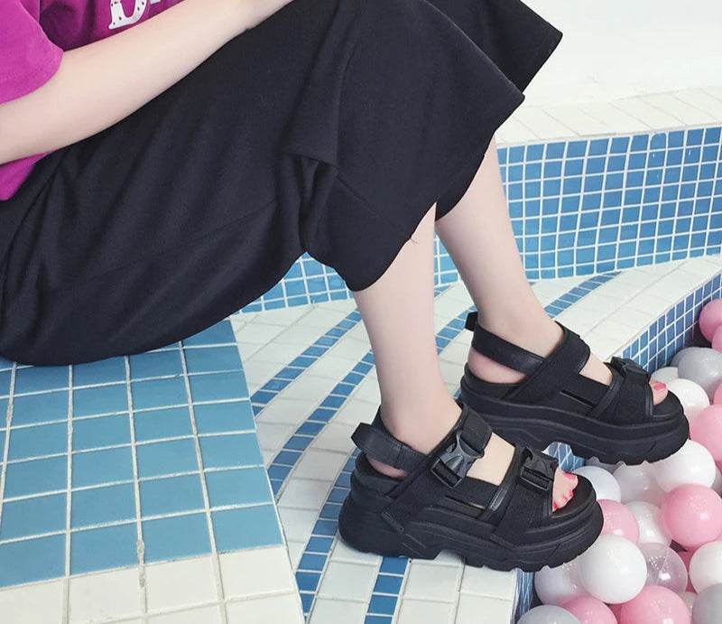 8cm Platform Wedge Sandals – Buckle Strap, Leather & Canvas Mix, Summer High Heel Shoes - Stylemein