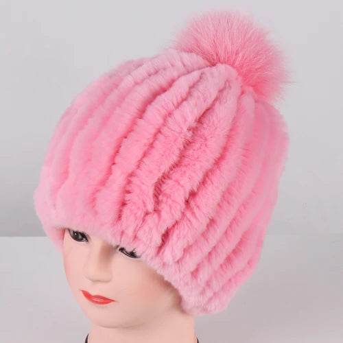 Luxurious Winter Knit Hat with Real Rex Rabbit Fur Pom-Pom
