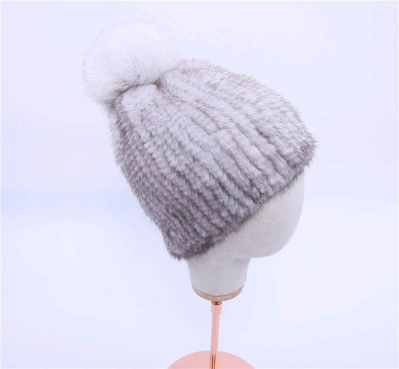 Winter Luxe: 100% Real Mink Fur Beanie with Fox Fur Pom-Pom - Stylemein