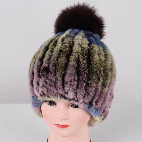 Luxurious Winter Knit Hat with Real Rex Rabbit Fur Pom-Pom - Stylemein