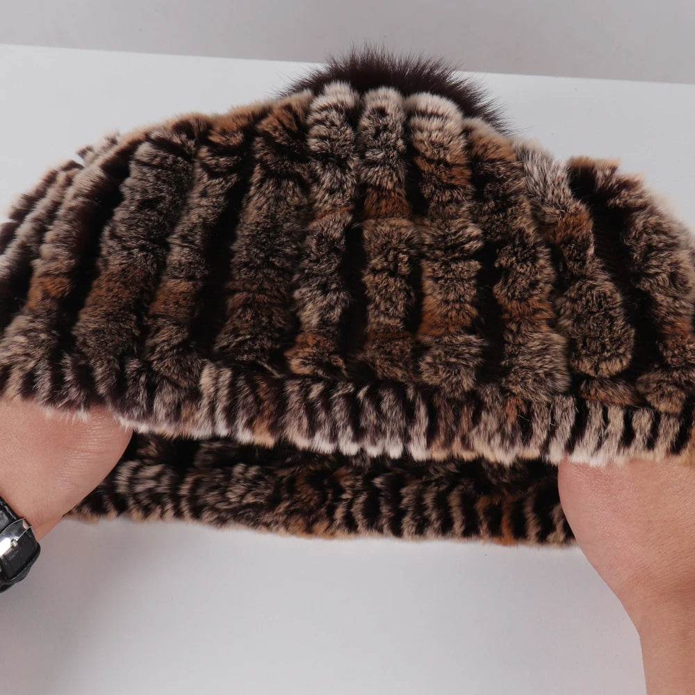 Luxurious Winter Knit Hat with Real Rex Rabbit Fur Pom-Pom - Stylemein