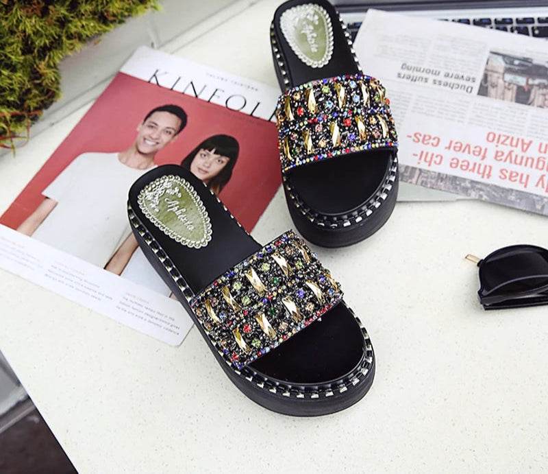 Rhinestone Platform Slides – Wedge Sandals with Gemstones & Beaded Straps for Summer Beach Style - Stylemein