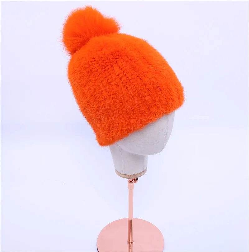 Winter Luxe: 100% Real Mink Fur Beanie with Fox Fur Pom-Pom - Stylemein