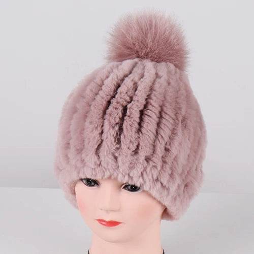 Luxurious Winter Knit Hat with Real Rex Rabbit Fur Pom-Pom