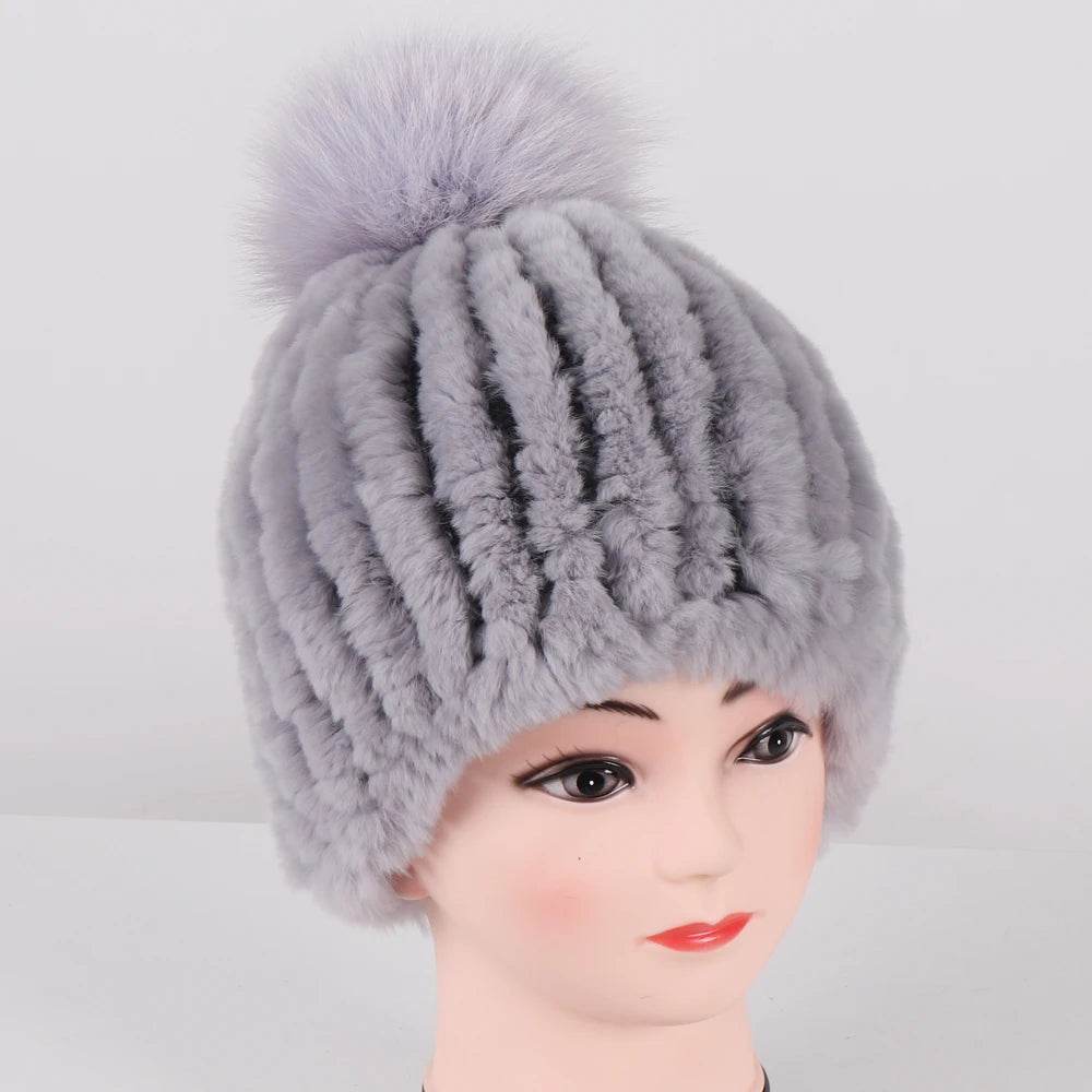 Luxurious Winter Knit Hat with Real Rex Rabbit Fur Pom-Pom - Stylemein