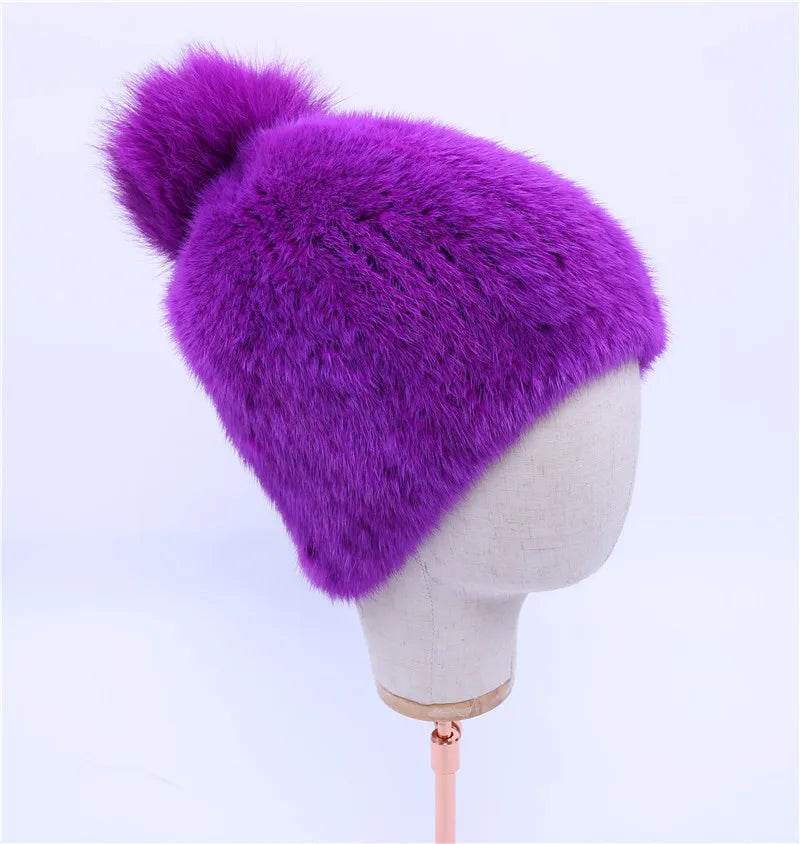 Winter Luxe: 100% Real Mink Fur Beanie with Fox Fur Pom-Pom - Stylemein