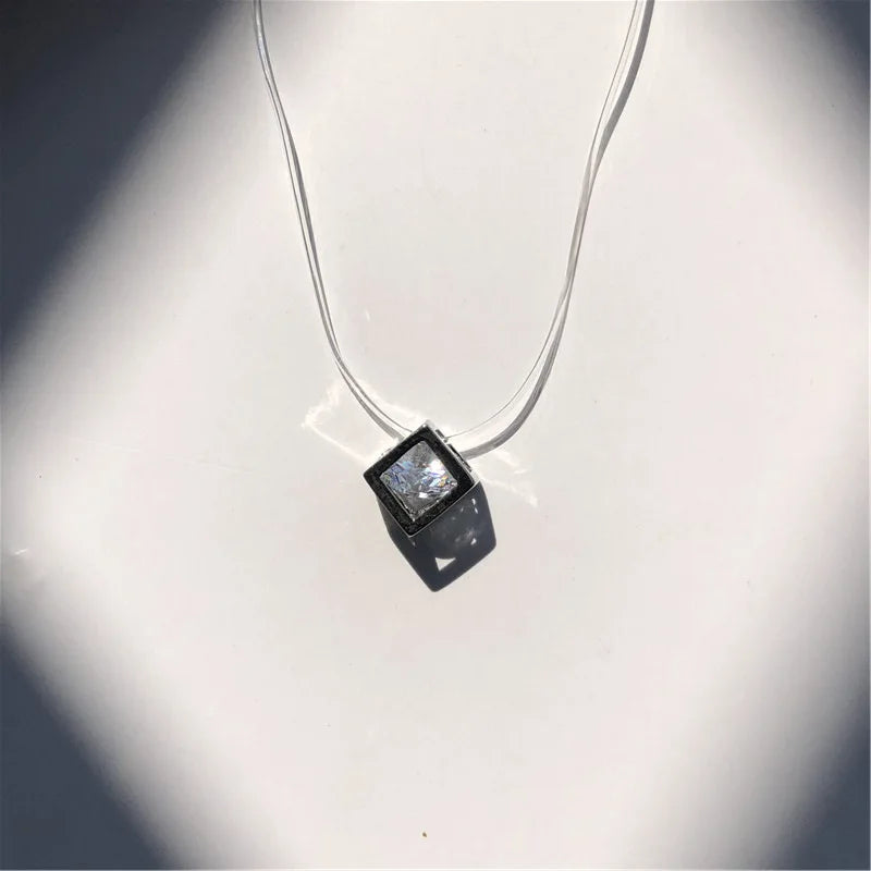 Invisible Pearl Crystal Necklace – Square Zircon Pendant for Women
