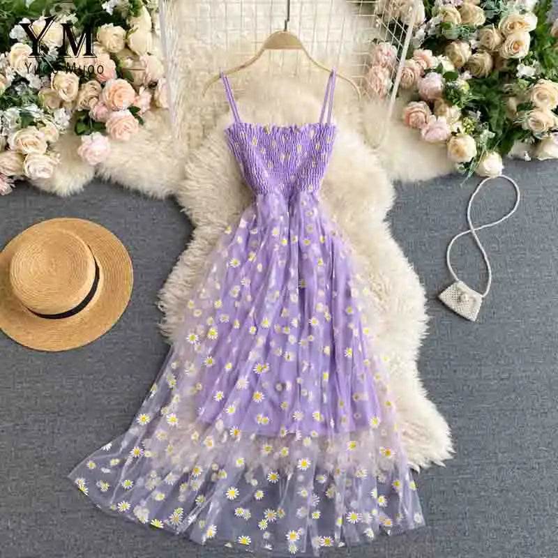 Daisy Flower Print Mesh Party Dress | Summer Spaghetti Strap Midi Dress | Beach Vacation Vestidos - Stylemein
