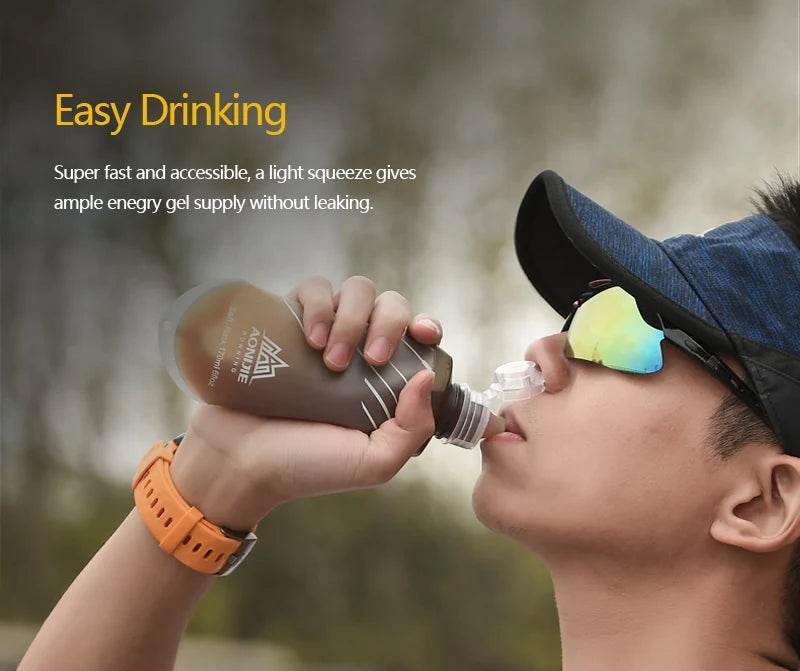 The soft flask being easily stored in a hydration pack.


