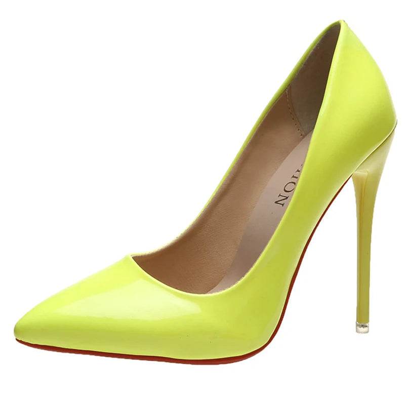 12cm Patent Leather Stiletto Heels – Pointed Toe Florescence Pumps for Office & Spring Events - Stylemein