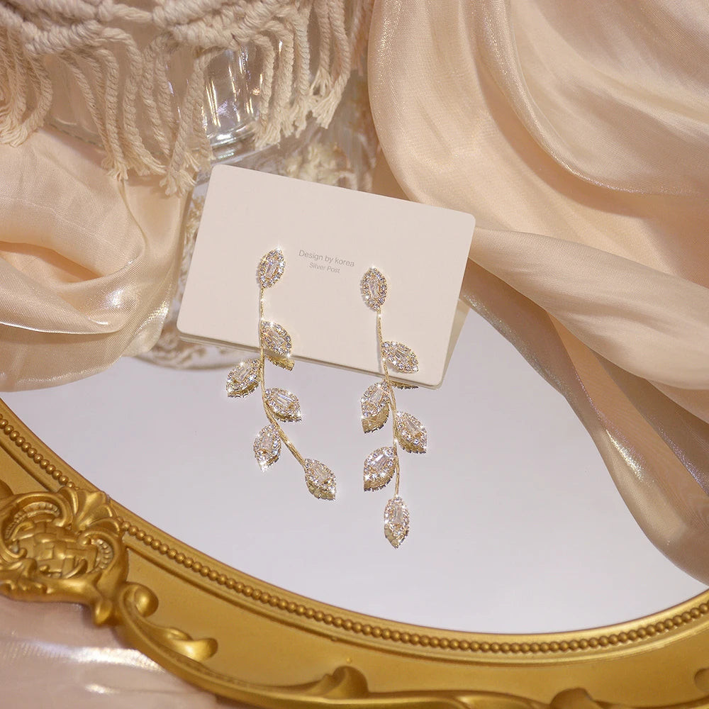 14K Gold Leaf Stud Earrings – Cubic Zirconia Wedding Jewelry