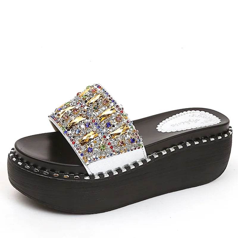 Rhinestone Platform Slides – Wedge Sandals with Gemstones & Beaded Straps for Summer Beach Style - Stylemein