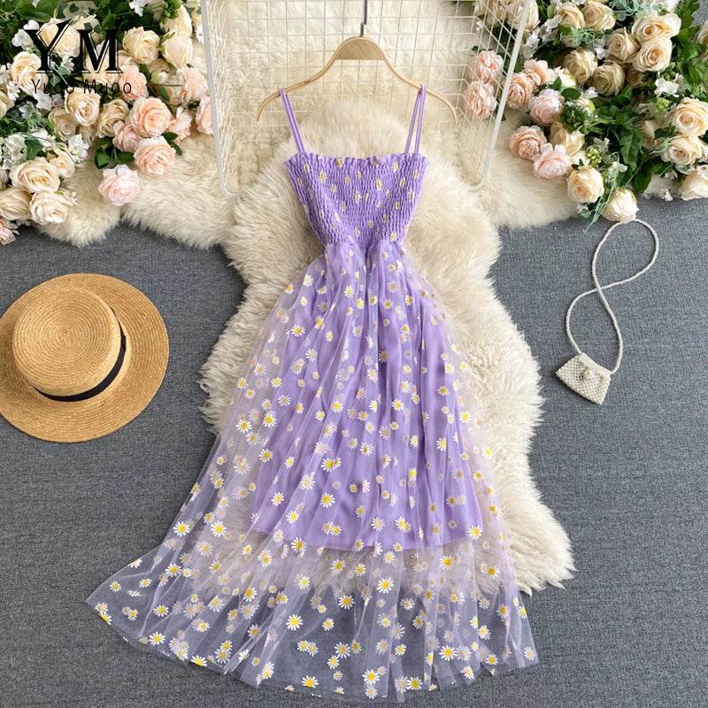 Daisy Flower Print Mesh Party Dress | Summer Spaghetti Strap Midi Dress | Beach Vacation Vestidos - Stylemein