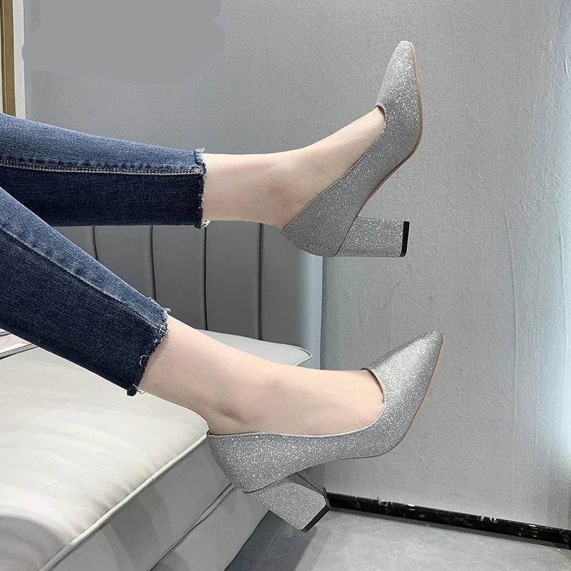 7.5cm Square Heel Bling Pumps – Pointed Toe Career Shoes for Work, Office & Party - Stylemein