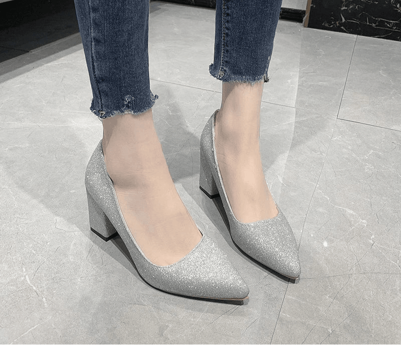 7.5cm Square Heel Bling Pumps – Pointed Toe Career Shoes for Work, Office & Party - Stylemein