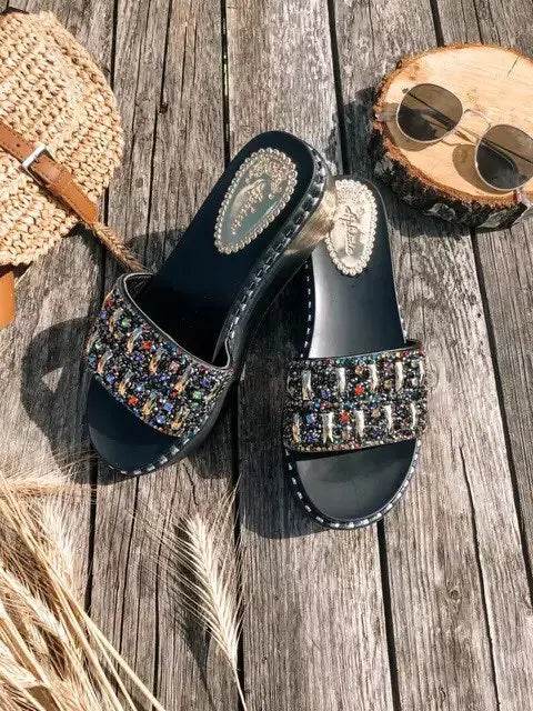 Rhinestone Platform Slides – Wedge Sandals with Gemstones & Beaded Straps for Summer Beach Style - Stylemein