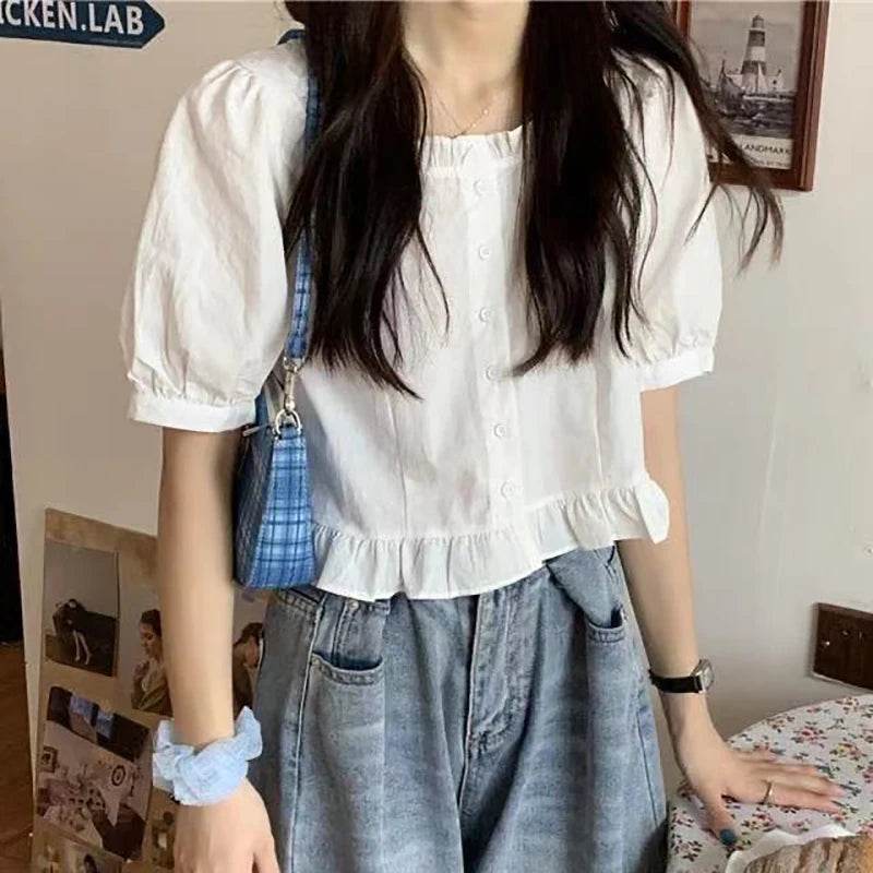 Korean-Inspired Ruffle Chiffon Blouse – Cute Cropped Short Sleeve Feminine Chic Shirt for Women - Stylemein