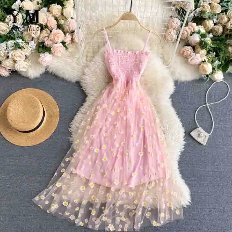 Daisy Flower Print Mesh Party Dress | Summer Spaghetti Strap Midi Dress | Beach Vacation Vestidos - Stylemein