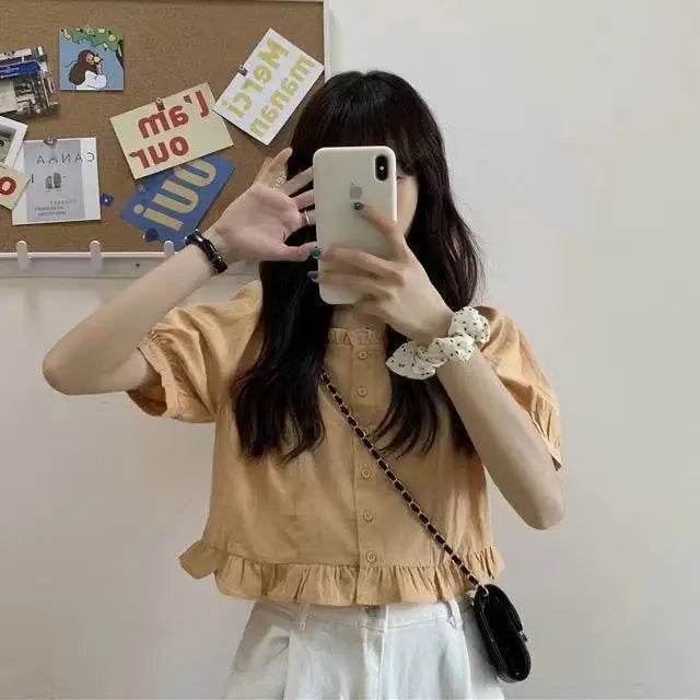 Korean-Inspired Ruffle Chiffon Blouse – Cute Cropped Short Sleeve Feminine Chic Shirt for Women - Stylemein