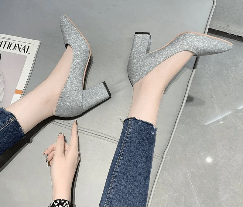 7.5cm Square Heel Bling Pumps – Pointed Toe Career Shoes for Work, Office & Party - Stylemein