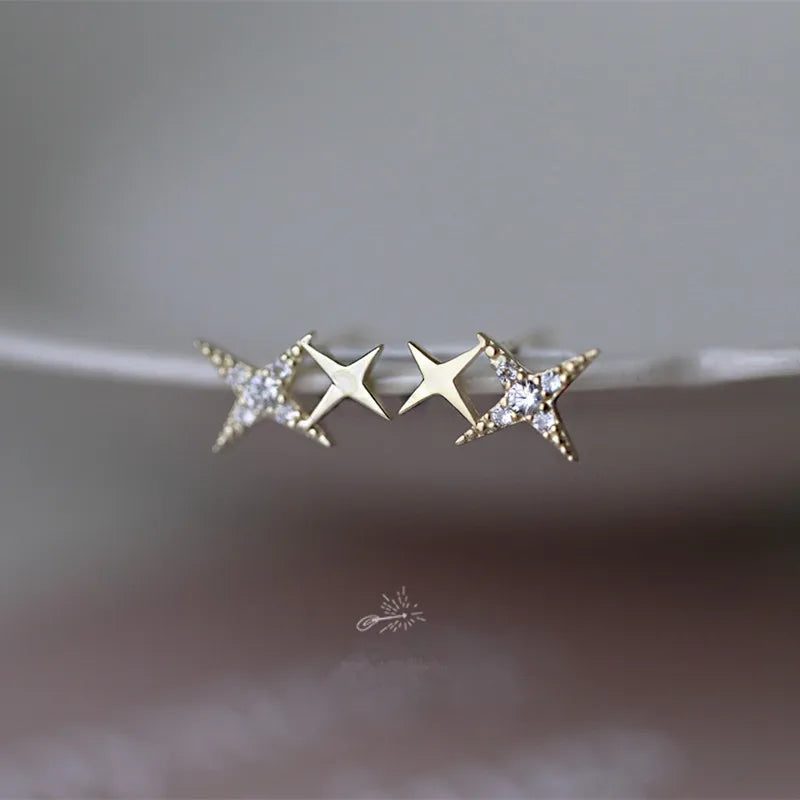 925 Sterling Silver Four-Pointed Star Earrings – 14k Gold Plated Crystal Studs