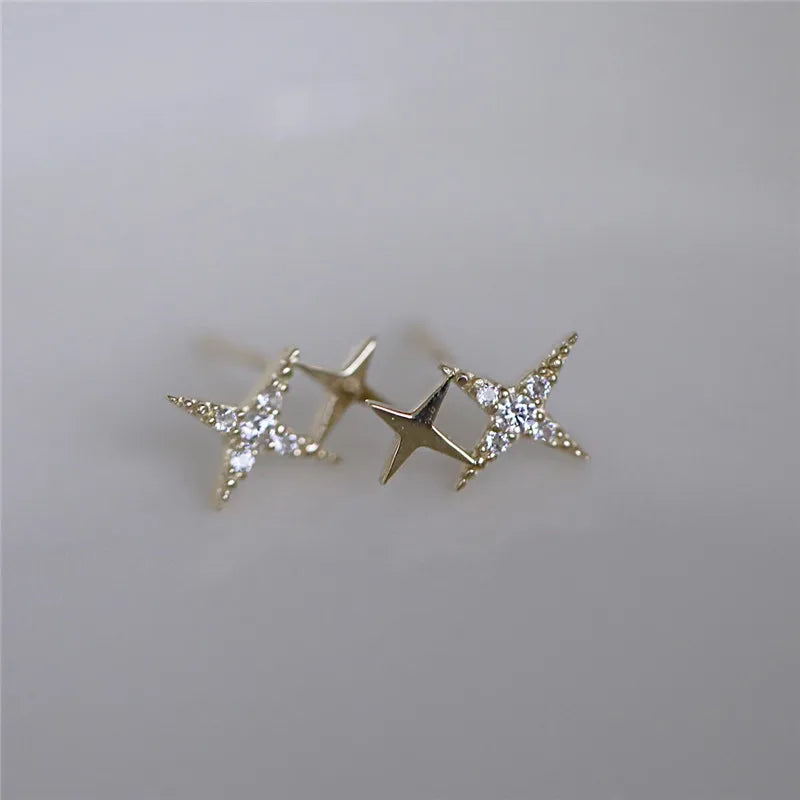 925 Sterling Silver Four-Pointed Star Earrings – 14k Gold Plated Crystal Studs