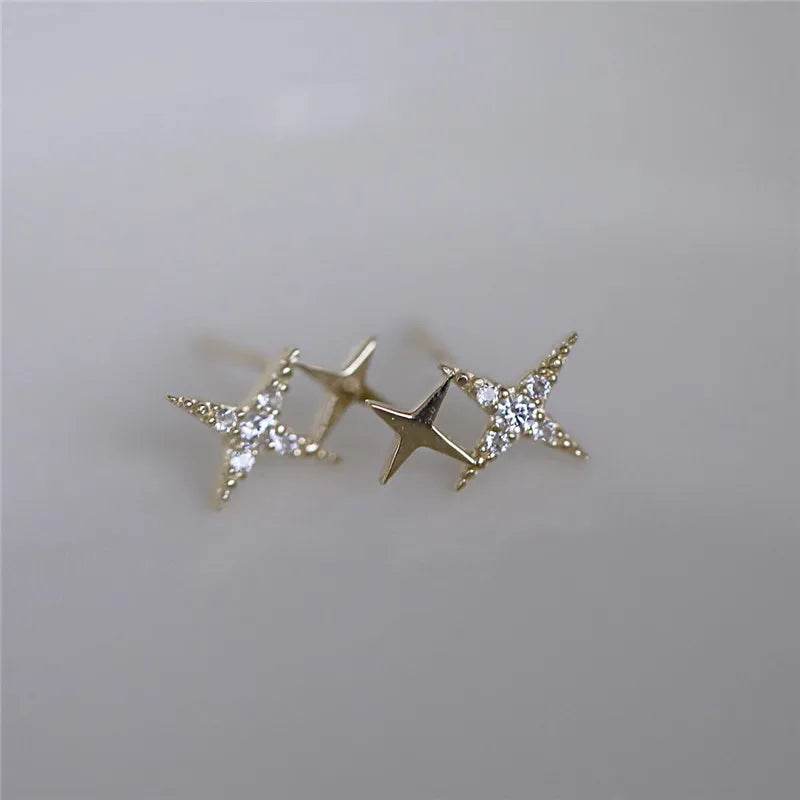 Stylemein - 925 Sterling Silver Four-Pointed Star Earrings – 14k Gold Plated Crystal Studs