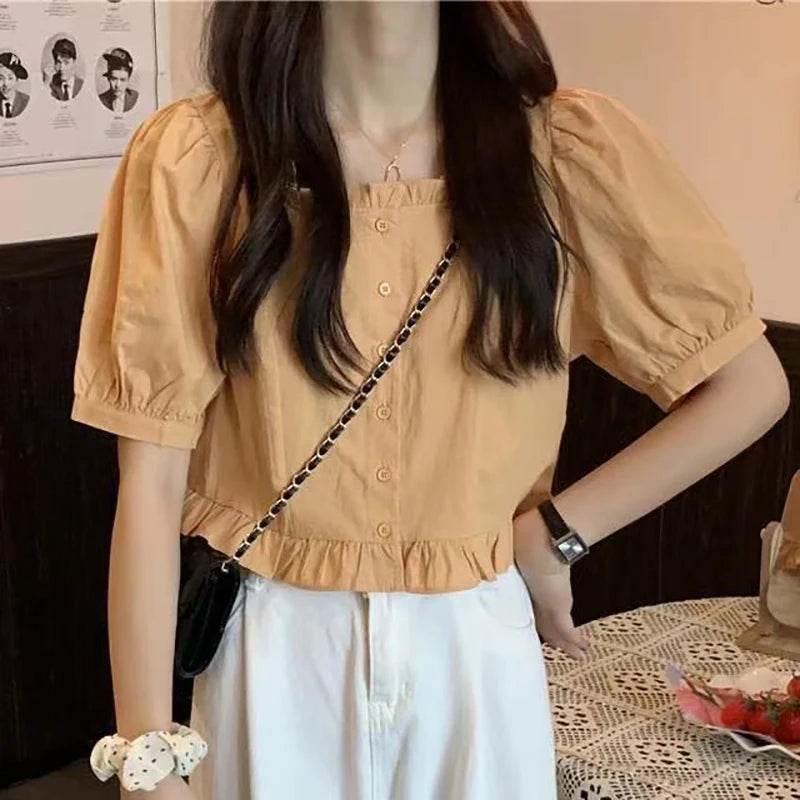 Korean-Inspired Ruffle Chiffon Blouse – Cute Cropped Short Sleeve Feminine Chic Shirt for Women - Stylemein