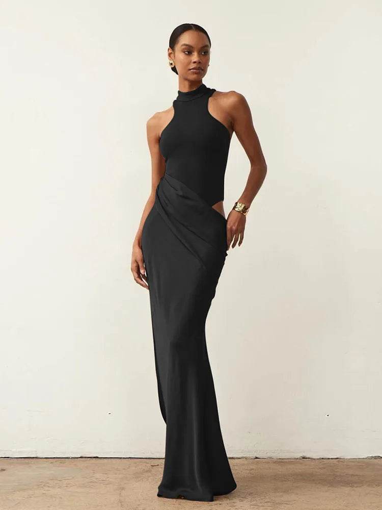 Satin Hollow Out Maxi Dress – Black Sleeveless High Waist Elegant Party Dress for Women - Stylemein
