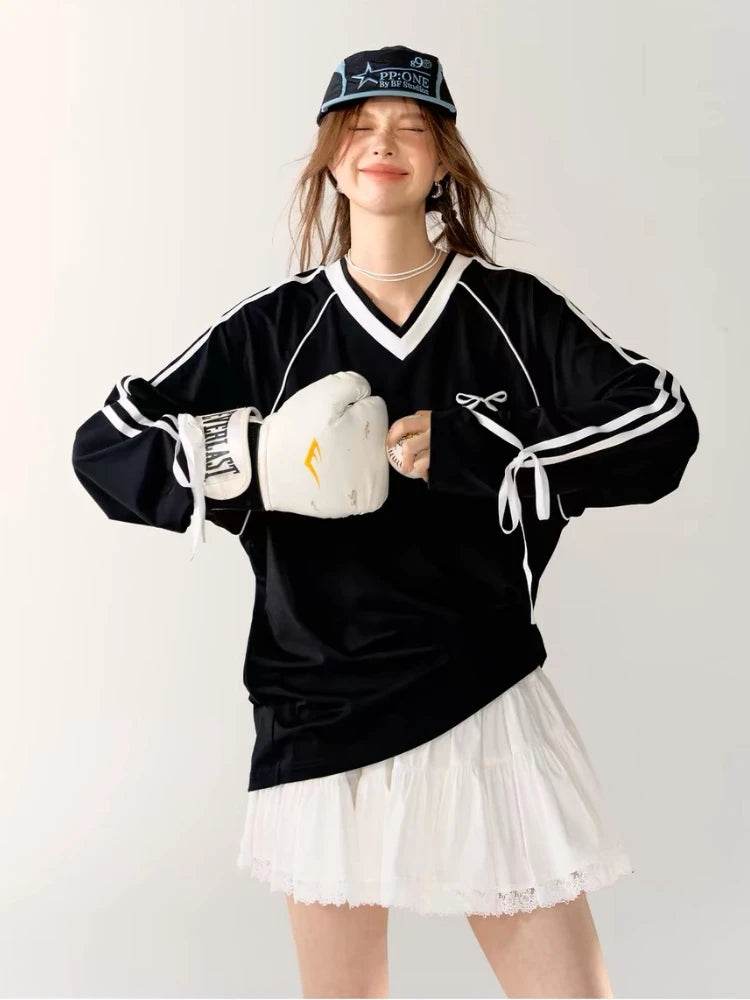 Oversized V-Neck Jersey Graphic Tee – Vintage Y2K Long Sleeve Sports Top for Women - Stylemein