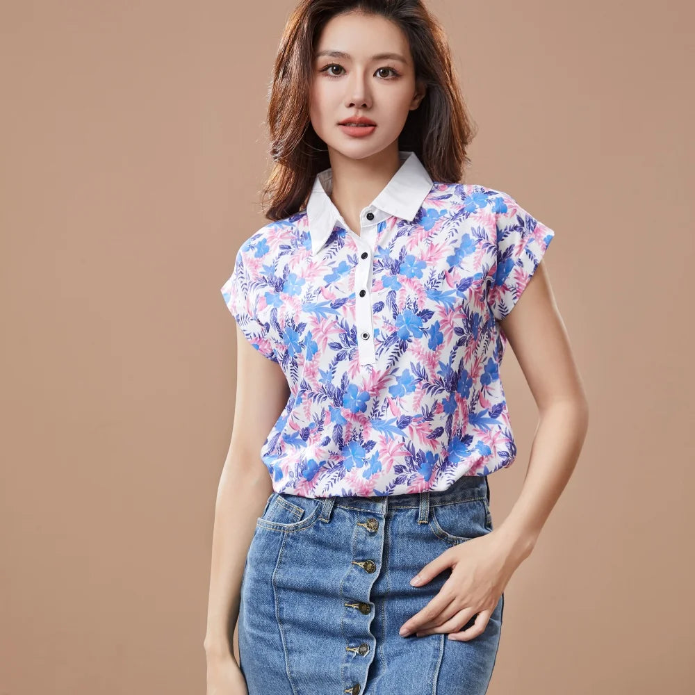Chiffon Blouse – Spring Summer Casual Short Sleeve Printed Turn-Down Collar Top
